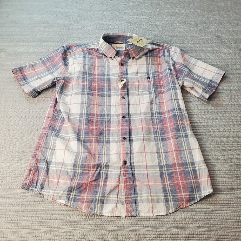 Weatherproof Vintage Plaid Shirt Mens Large White Blue Red Short Sleeve Cotton
